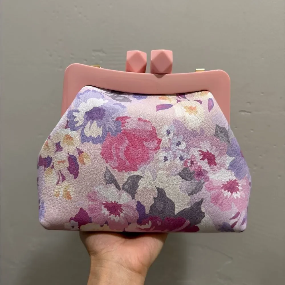 Floral Print Cowhide Leather Handmade Acrylic Frame Clutch Bag, 3 Straps Style